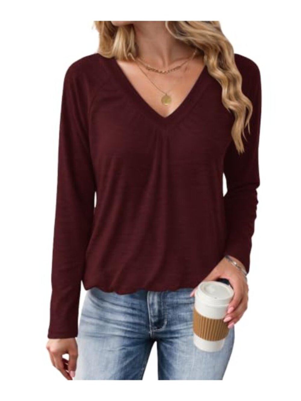 Womens Long Sleeve V Neck Pleated T Shirt Loose Fit Ruched Top